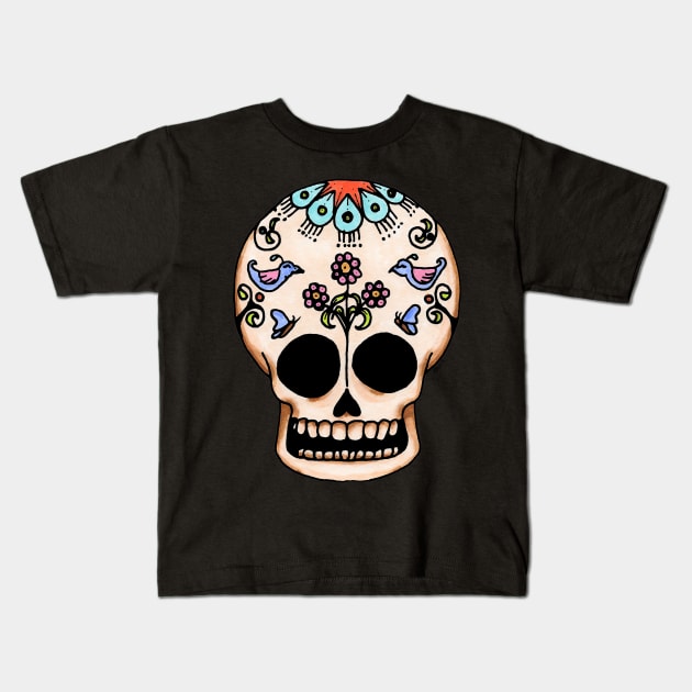 Bird Brain Sugar Skull Kids T-Shirt by Amy-Elyse Neer